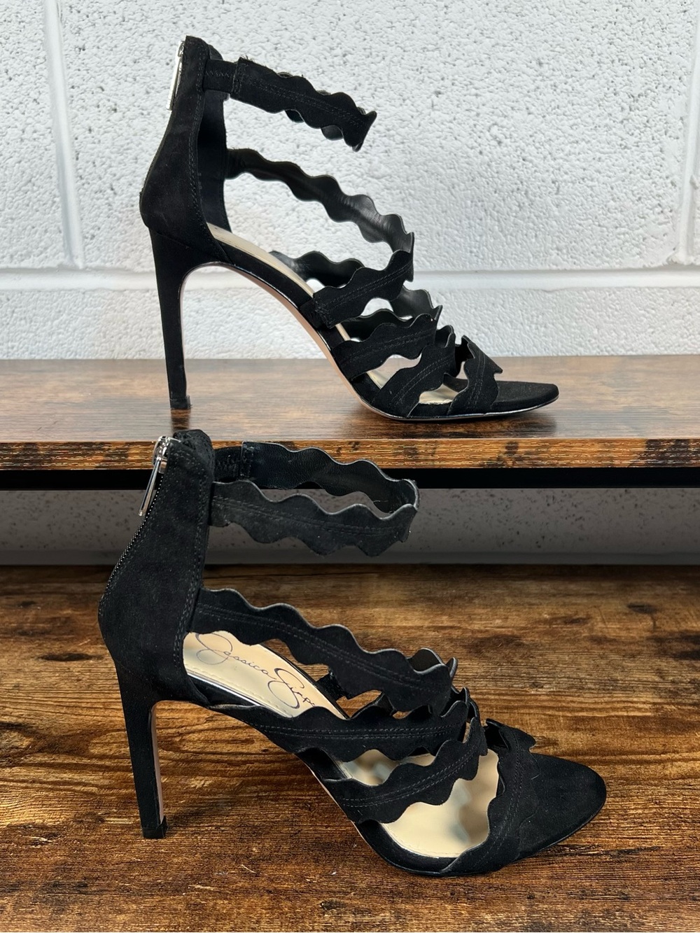 Jessica Simpson Heels Caveena Black Scalloped Straps Women's 7.5